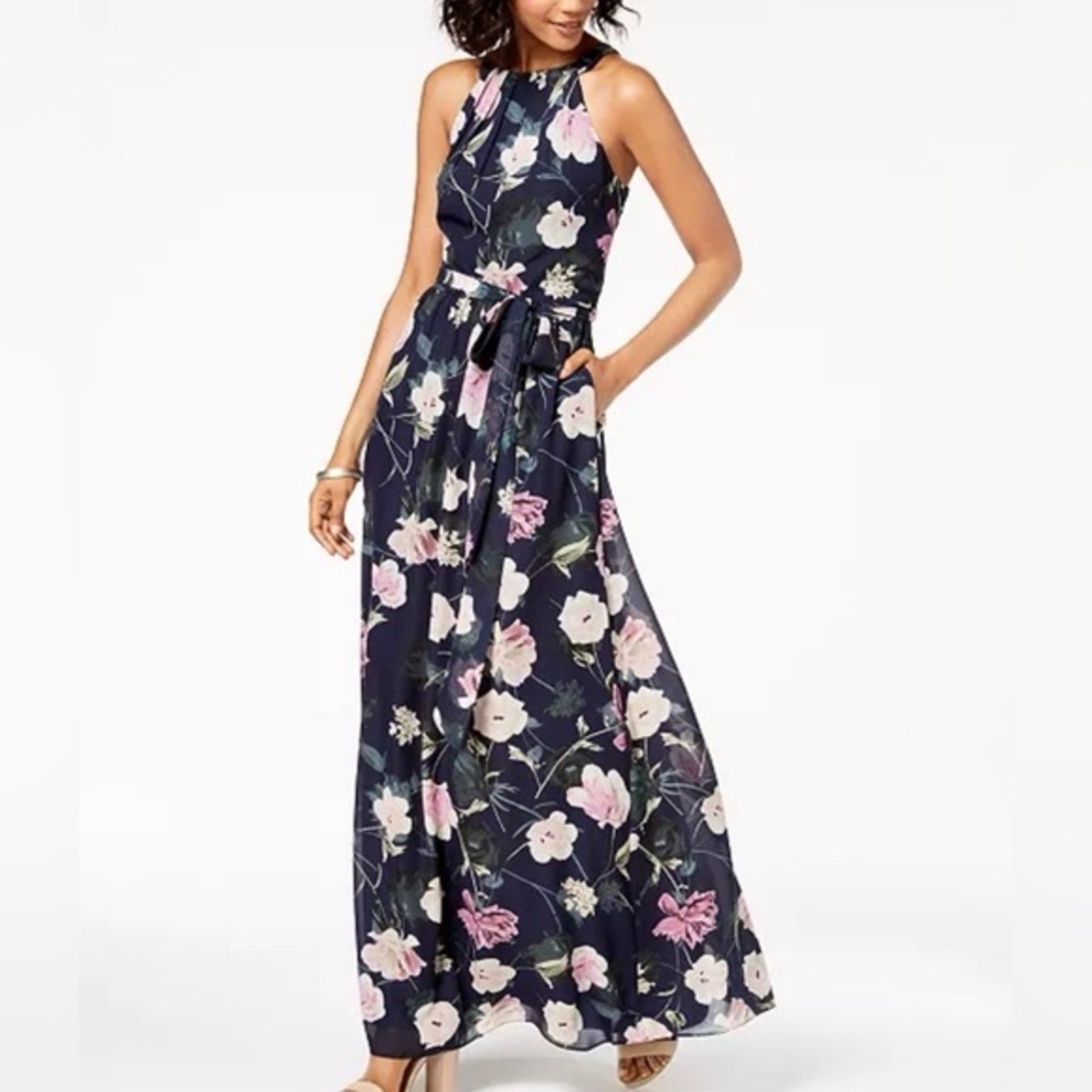 NWT SLNY Halter Floral Chiffon Maxi Dress Garden Sundress Gown Size 14